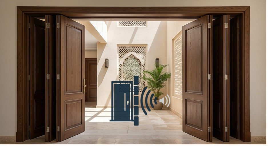 أبواب خشبية داكنة قابلة للطي تفتح على فناء داخلي بتفاصيل معمارية مستوحاة من التراث. ابواب سحاب الدمام.