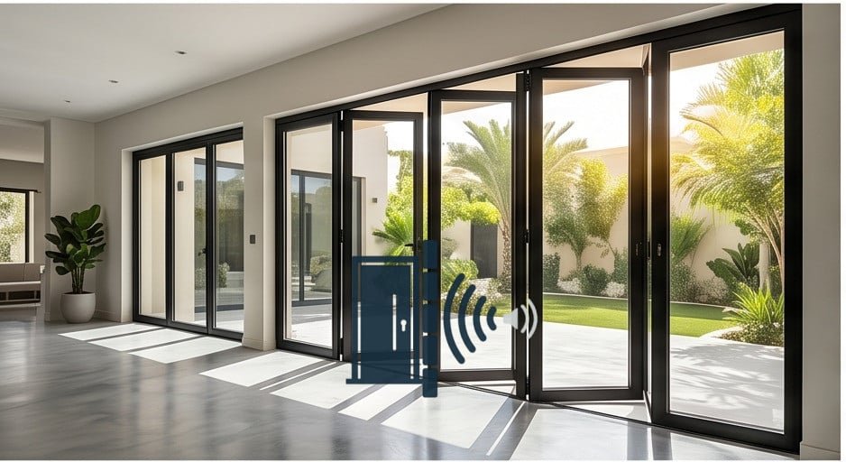 أبواب زجاجية بإطارات سوداء قابلة للطي تفتح بالكامل على حديقة خارجية مشمسة. ابواب سحاب الدمام.
